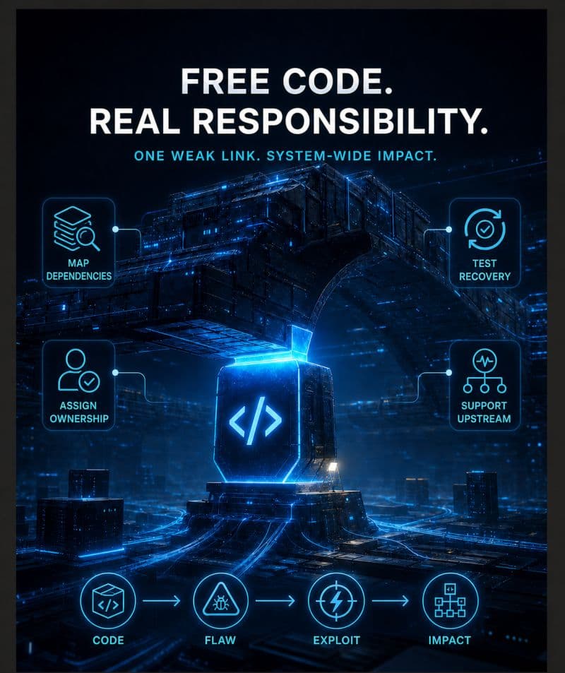 Cybersecurity visual showing a software supply-chain path from code and vulnerability to exploit and business impact.